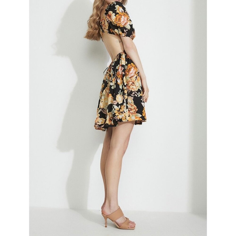 Bardot Womens Cutout Mini Dress Black Bold Floral Puffed Sleeves size 12